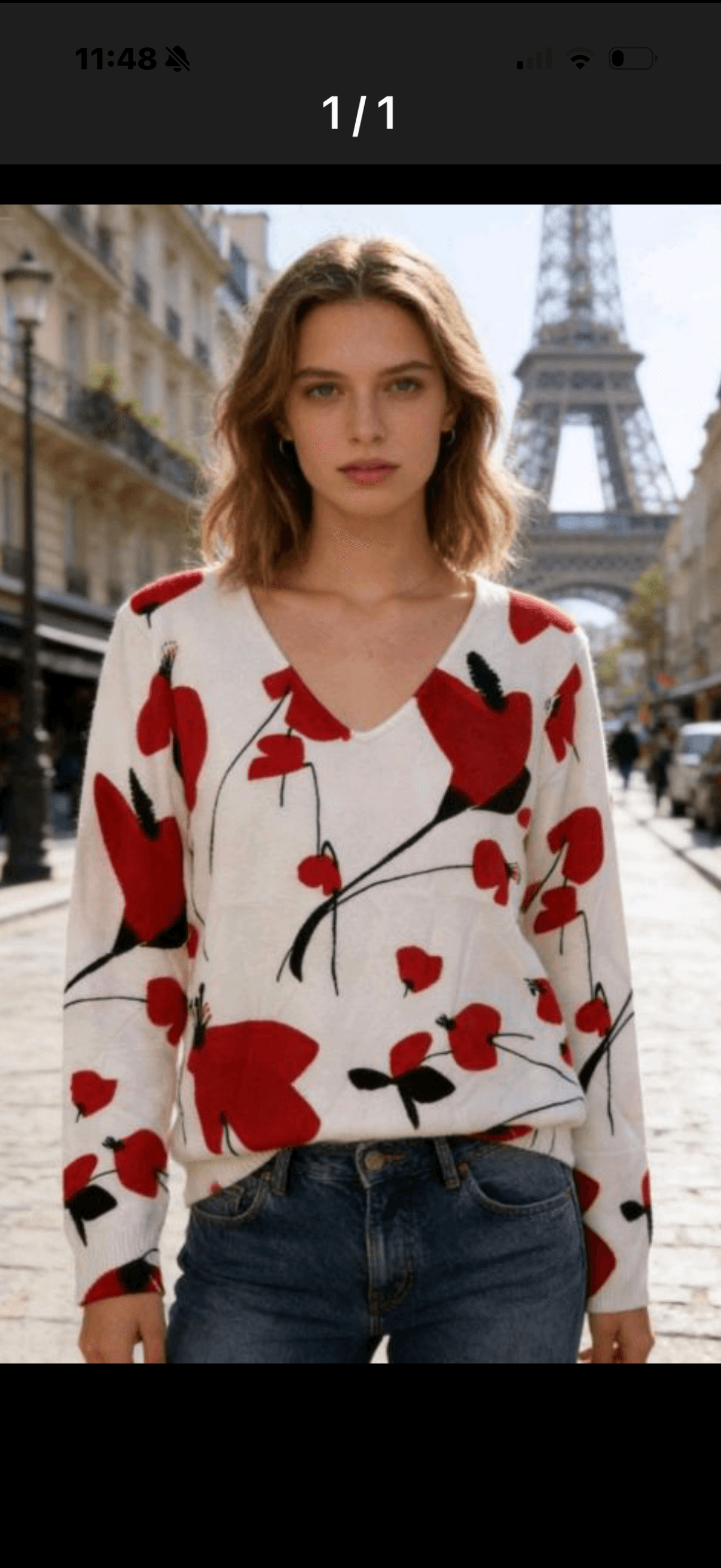 Pull Blanc « Fond blanc et fleurs rouge »